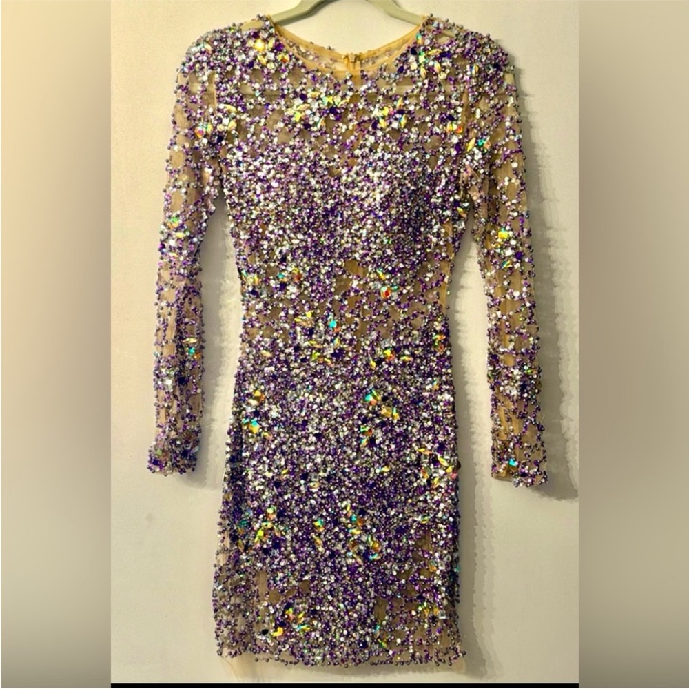 Jovani Lavender Sequin Long Sleeve Mini Dress
